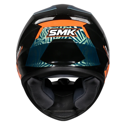Motorcycle full face gloss shades of blue colour variants with orange and black outlook