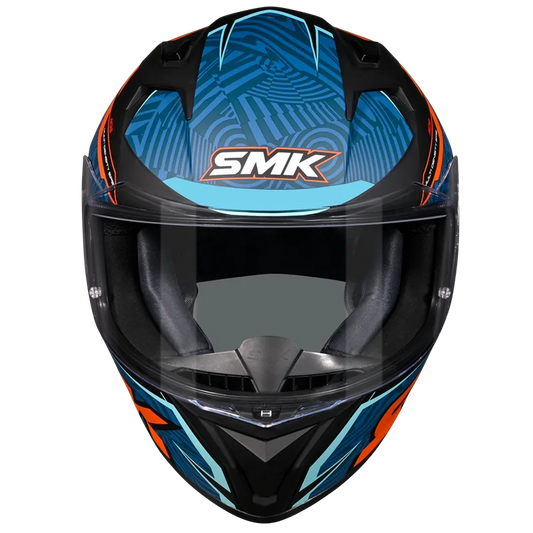 Motorcycle full face helmet glossy dark blue with geometry pattern with light blue, orange and black outline