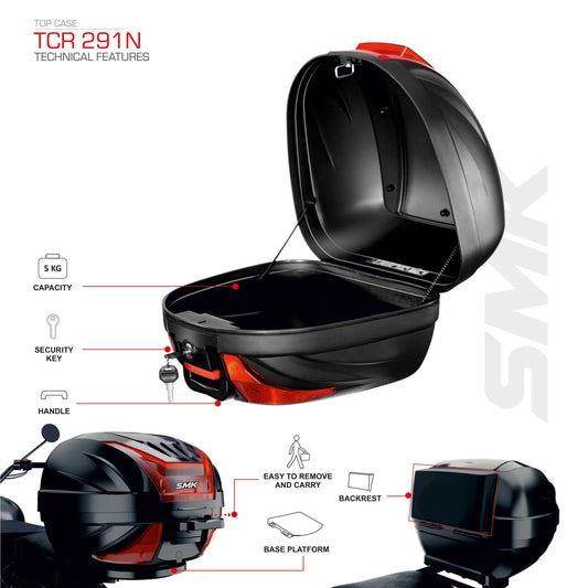 motorcycle touring top box plastic black with red reflective panels storage solution