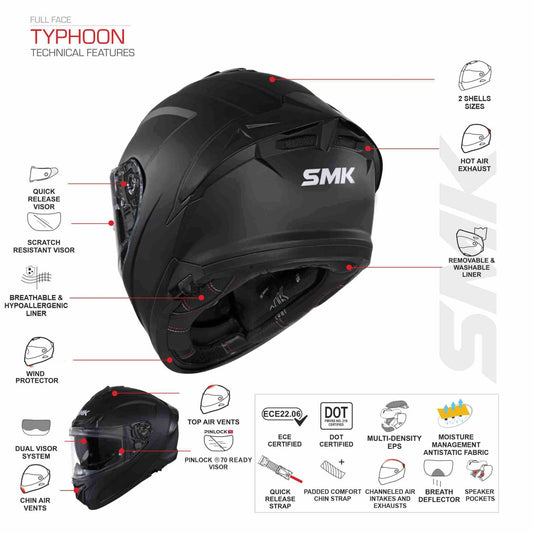 Motorcycle full face helmet SMK Typhoon features