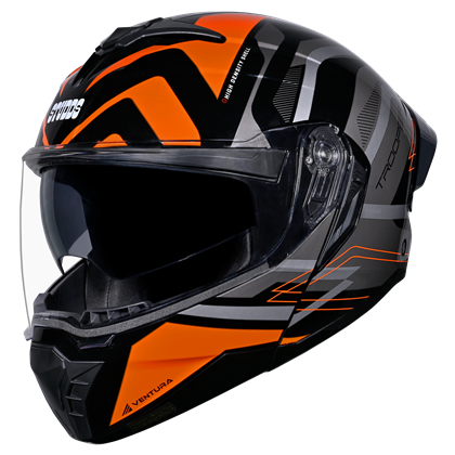 Motorcycle modular / flip-up helmet - glossy black orange grey - dual visor