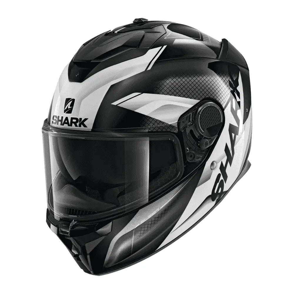 Motorcycle fiberglass shell full face helmet black with white geometric graphic pinlock visor