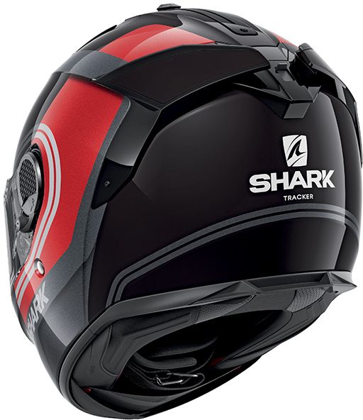 Motorcycle riding full face helmet designed for racing by Shark with black and grey scheme red graphics