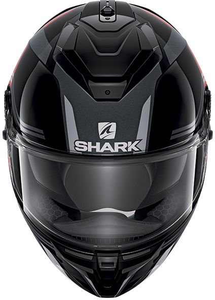 Motorcycle riding full face helmet designed for racing by Shark with black and grey scheme red graphics