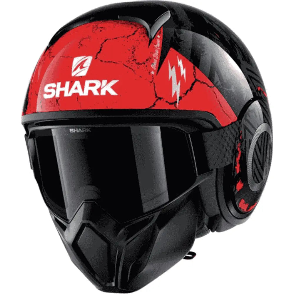 motorcycle removable goggle removable face mask helmet shark black with red graphic