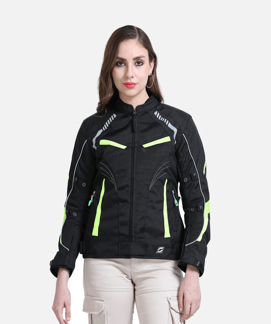 Motorcycle riding women's armoured jacket black with reflective green strips