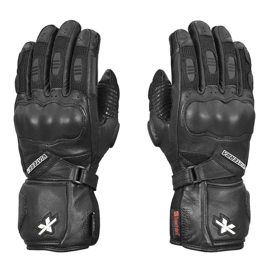 Motorcycle full gauntlet black touring gloves leather & Mesh integrated