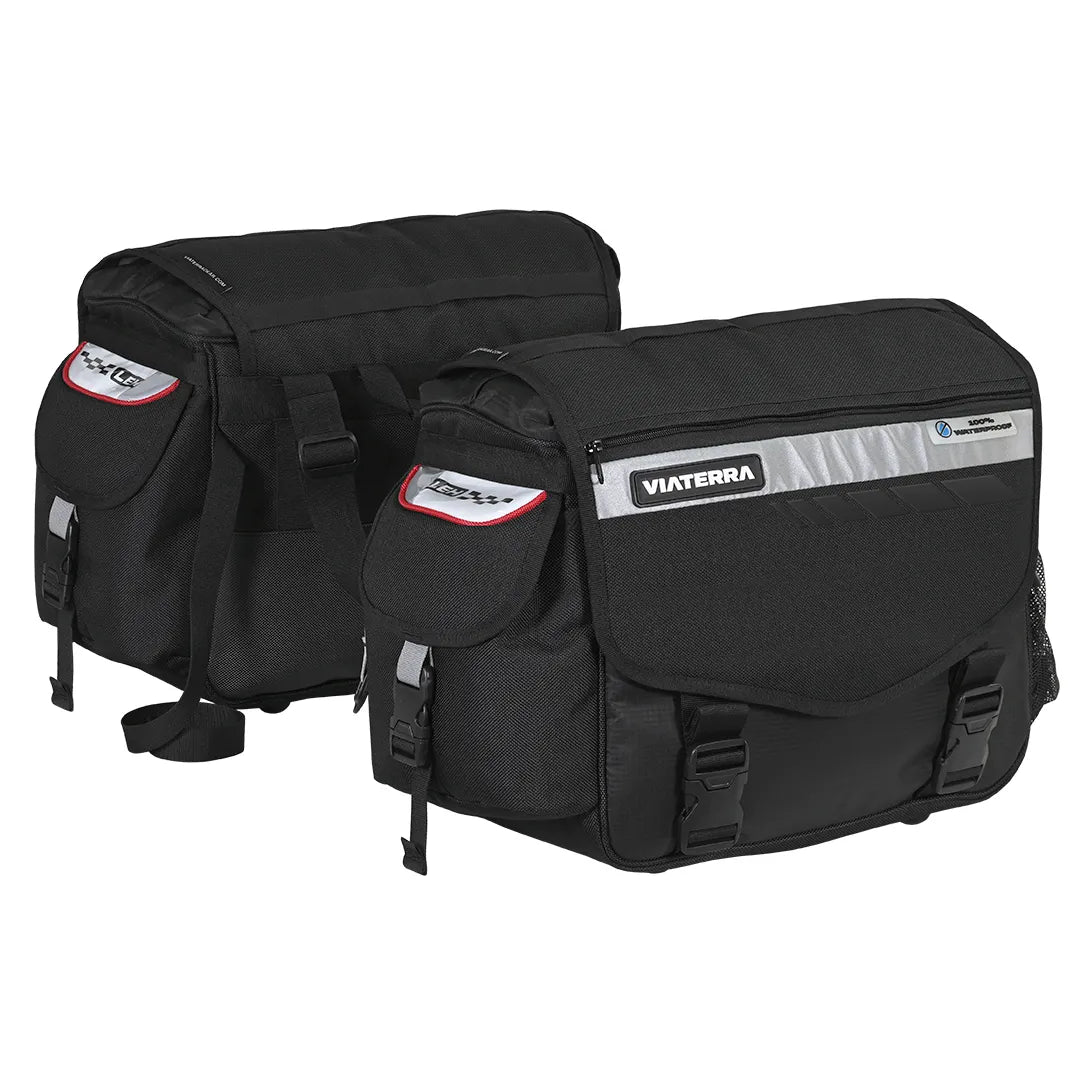 Two black motorcycle saddlebags with visible branding on a white background