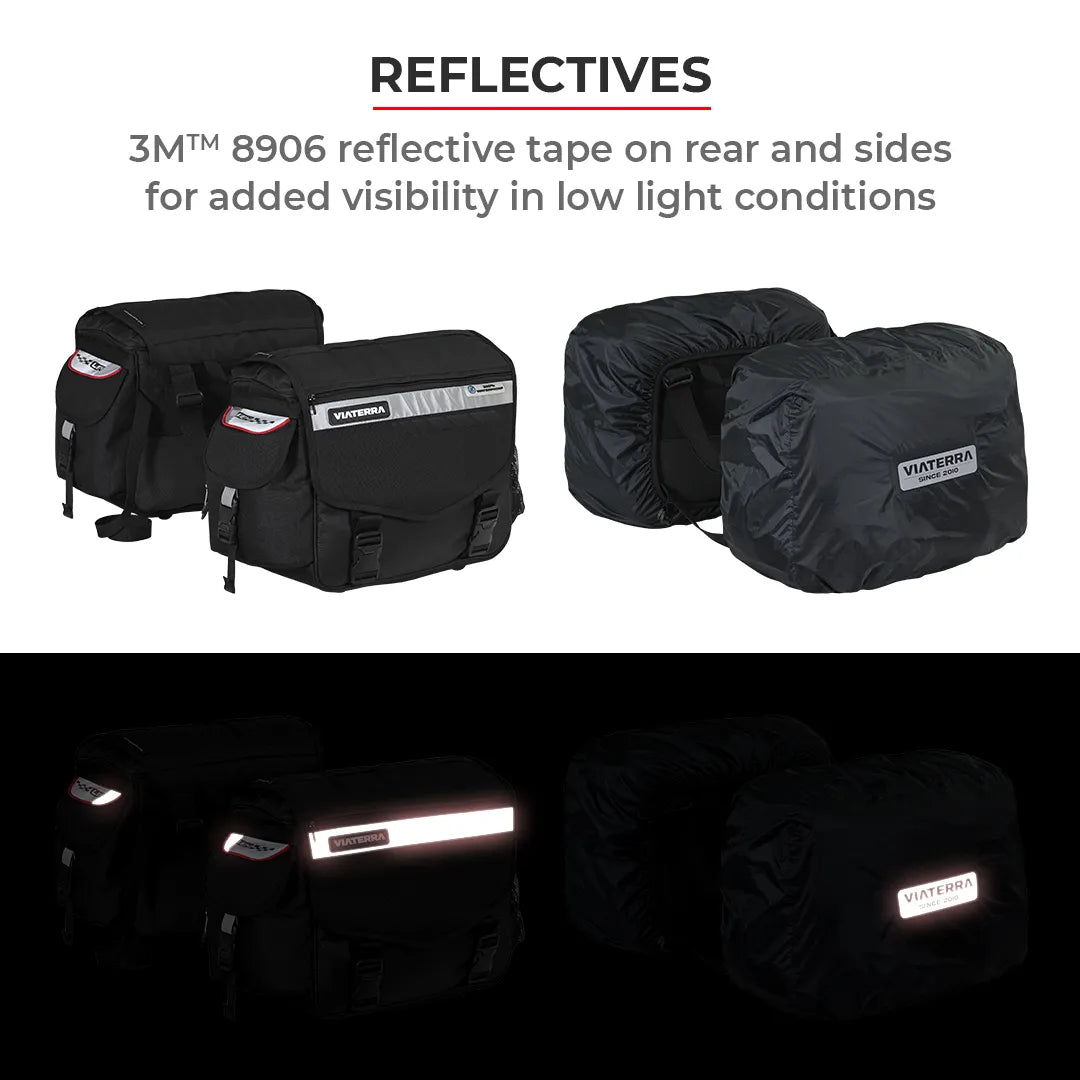 Black bags with reflective tape for added visibility in low light conditions, featuring Viaterra branding.