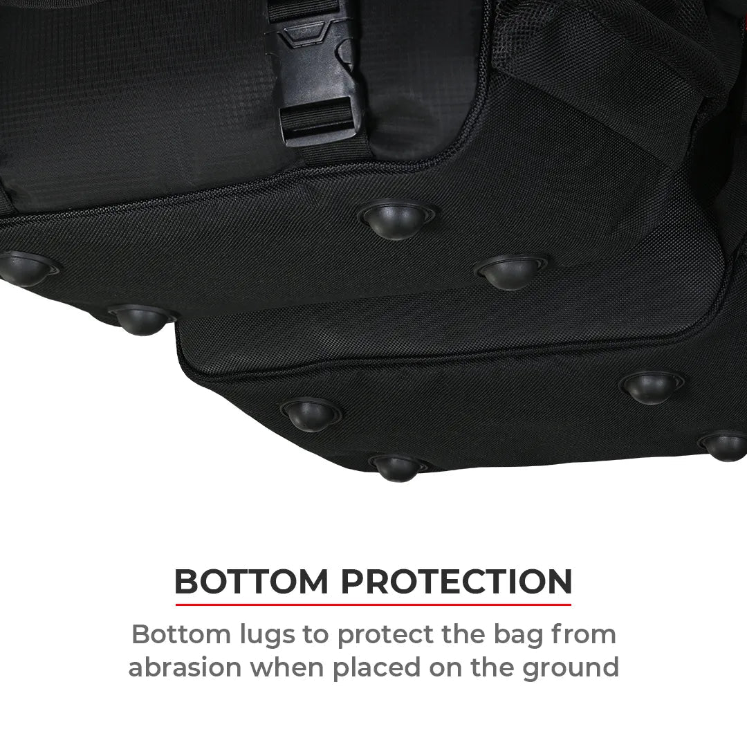 Black backpack with bottom protection feature on a white background