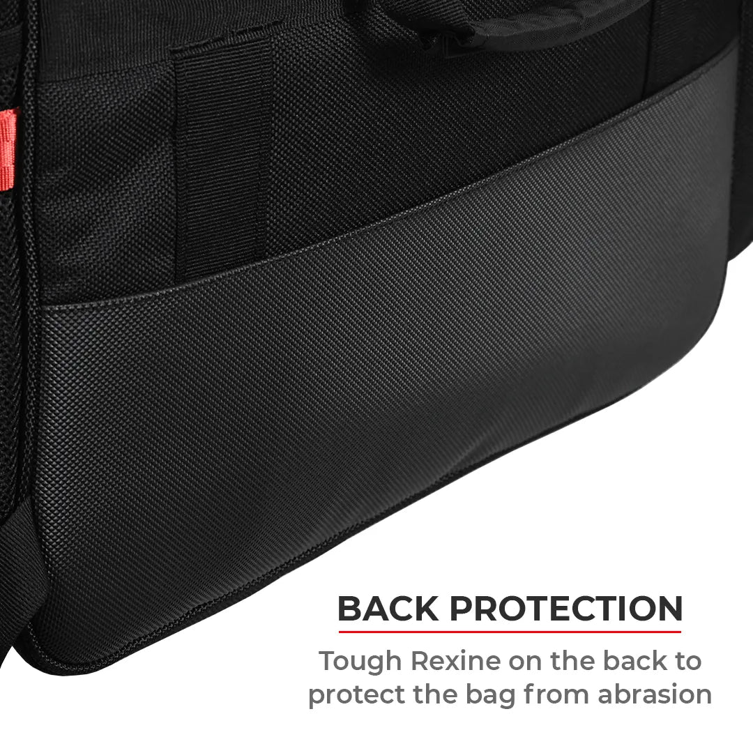 Black bag with back protection feature highlighted on a white background