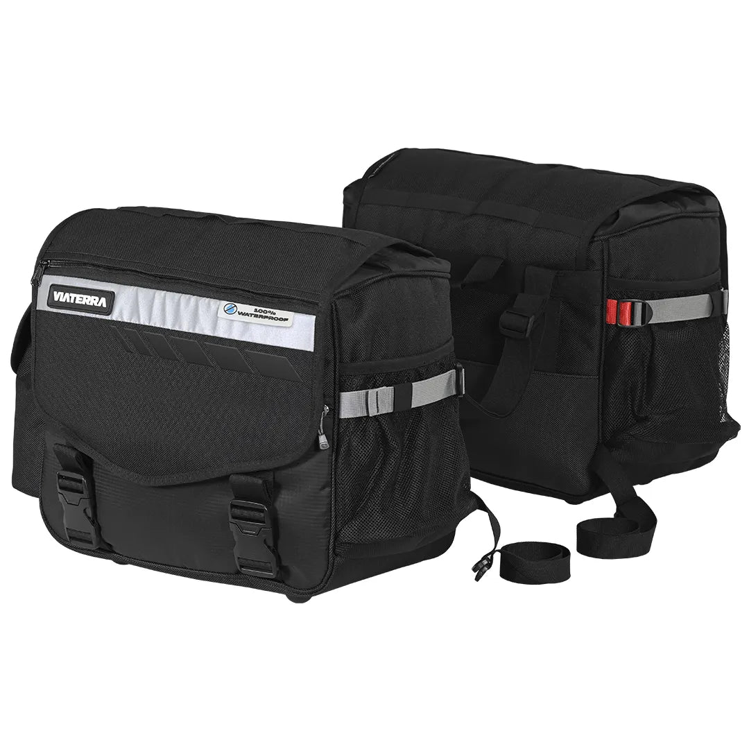 Two black bags with reflective strips on a white background