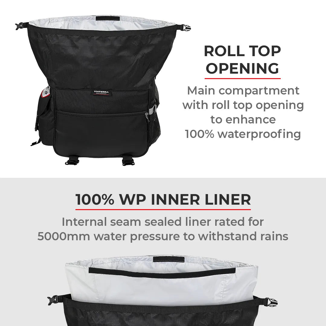 Black backpack with roll top opening and 100% WP inner liner on a white background