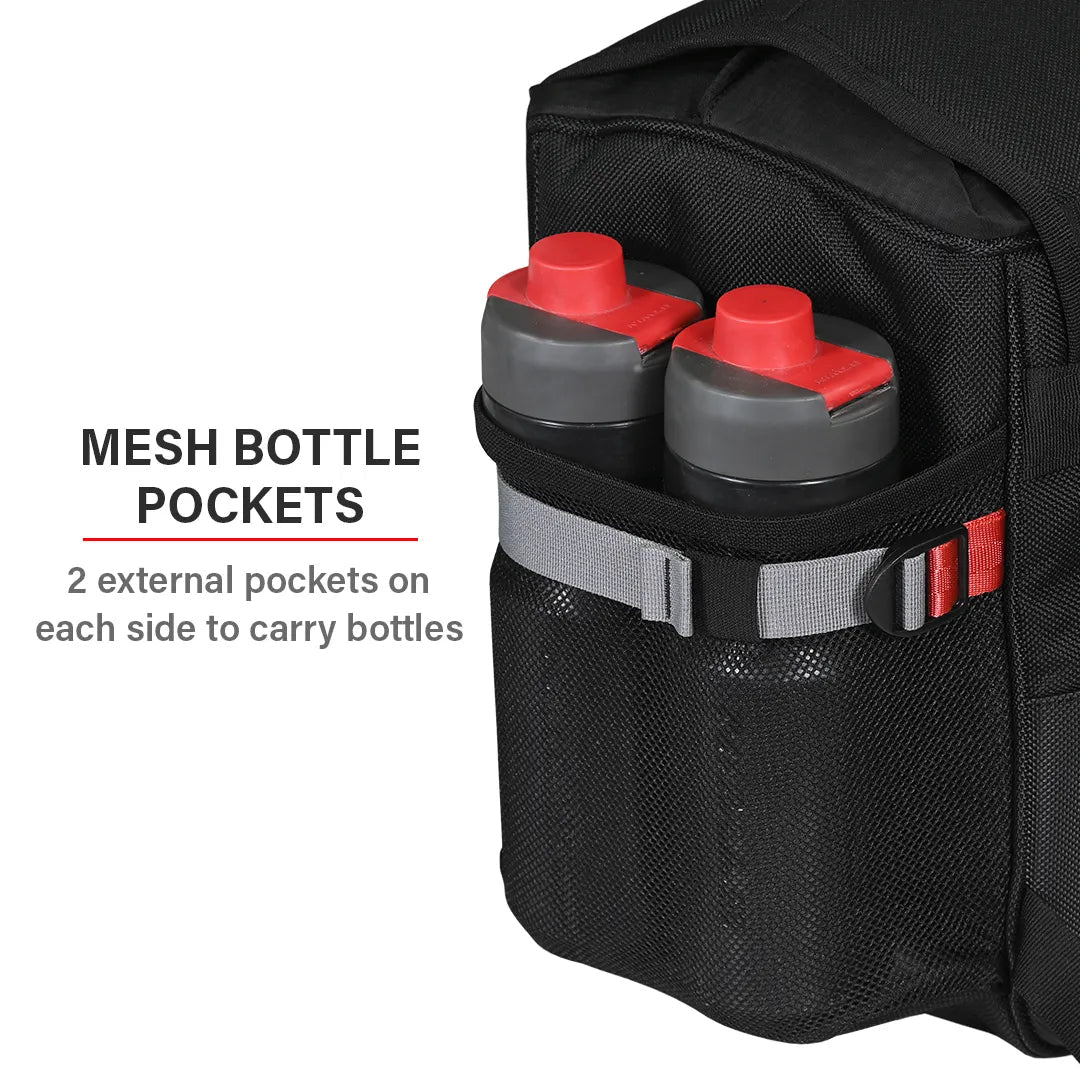Black backpack with mesh bottle pockets holding red bottles on a white background