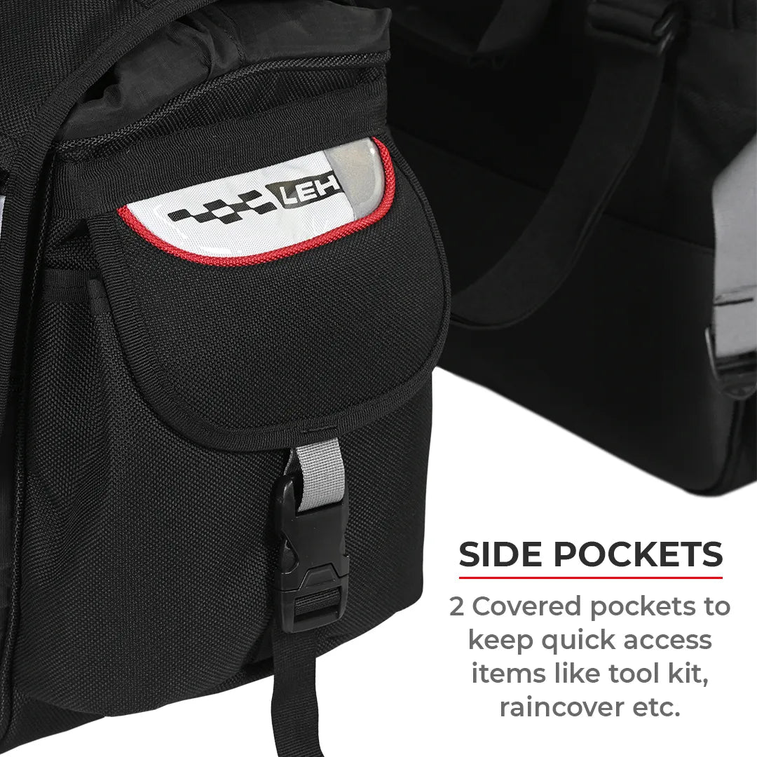 Black backpack with side pocket featuring a brand logo on a white background