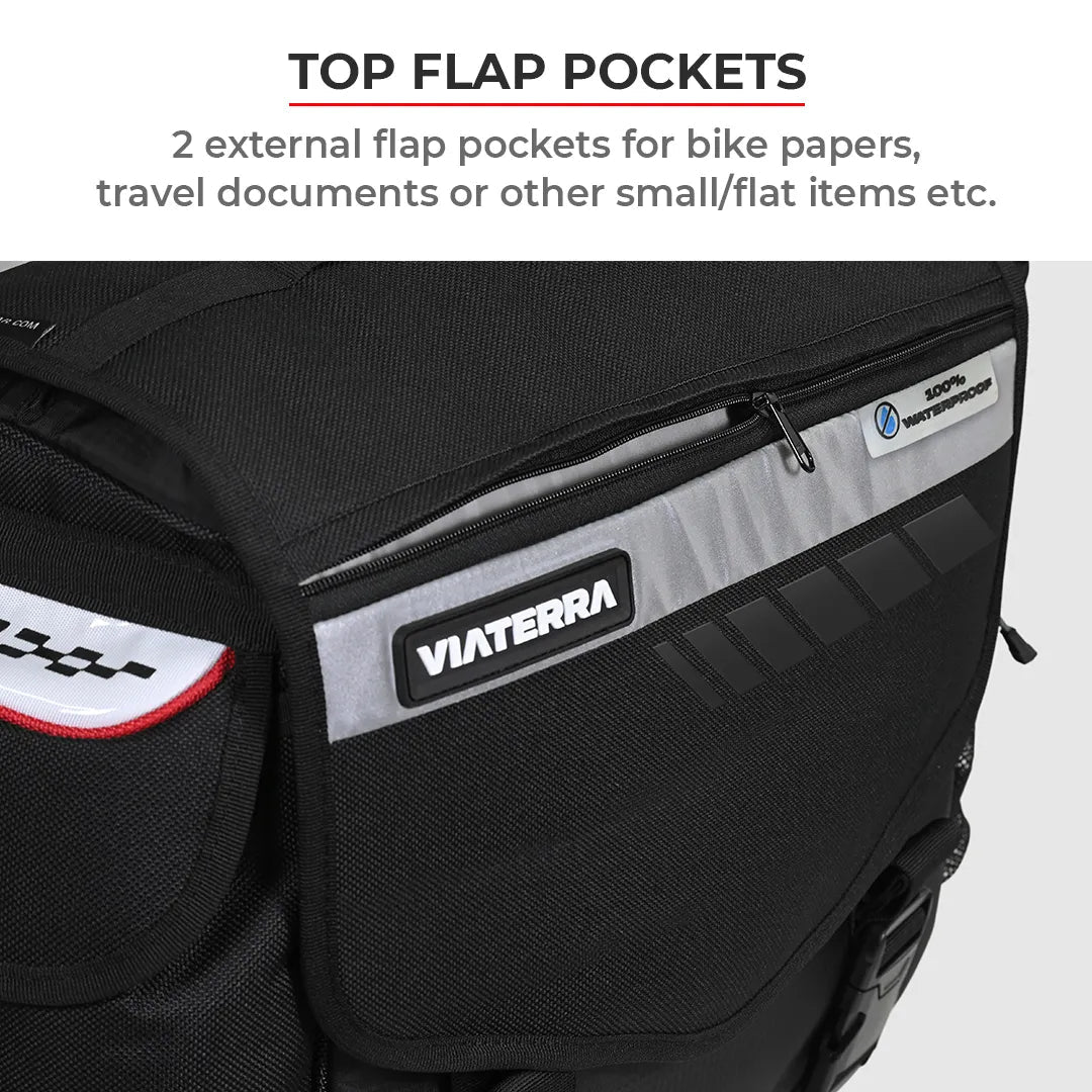 Black bag with top flap pockets for bike papers and travel documents, featuring the Viaterra brand.