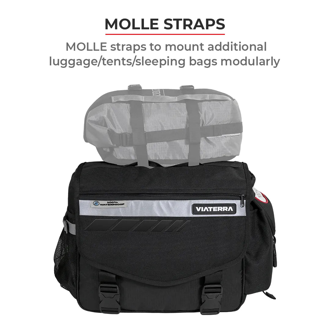 Black bag with MOLLE straps and Viaterra branding on a white background