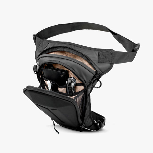 Motorcycle riding thigh bag black with headphone cable hole and multi-compartment