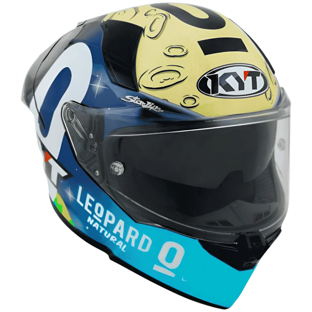 Motorcycle Blue based multicolour leopard KYT graphic helmet