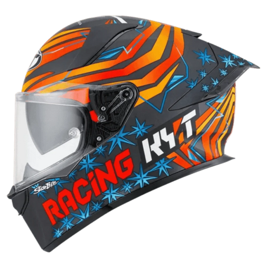 Motorcycle orange red and blue racing graphic with black base helmet