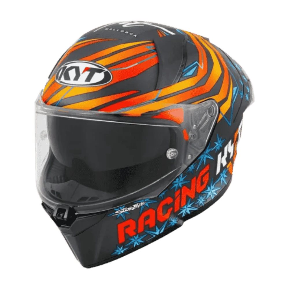 Motorcycle orange red and blue racing graphic with black base helmet