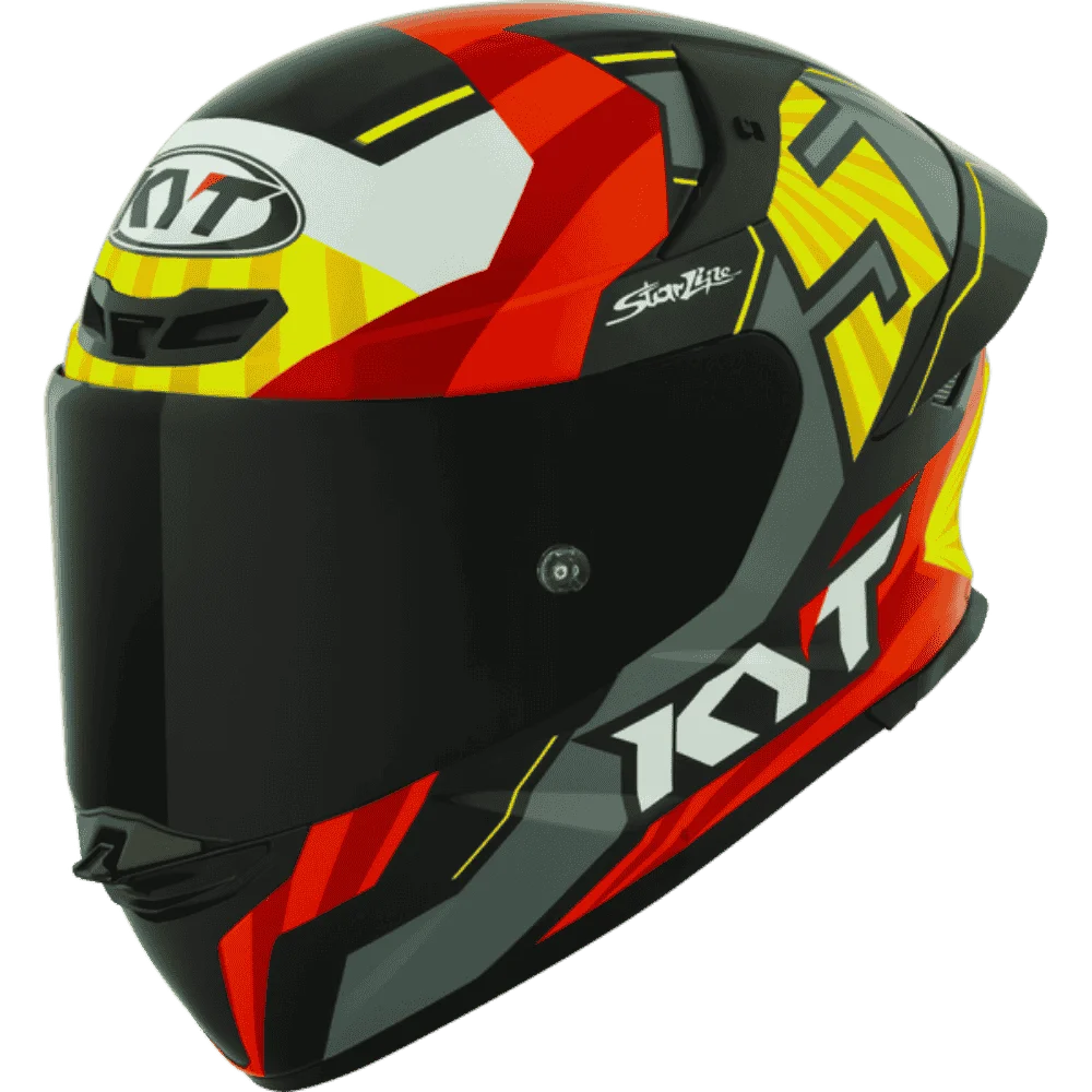 Motorcycle helmet full face grey red with yellow and white black based helmet KYT geometric graphic