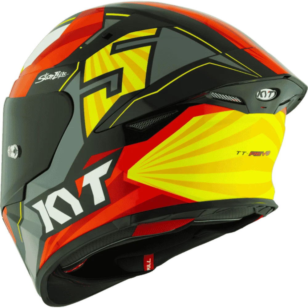 Motorcycle helmet full face grey red with yellow and white black based helmet KYT geometric graphic