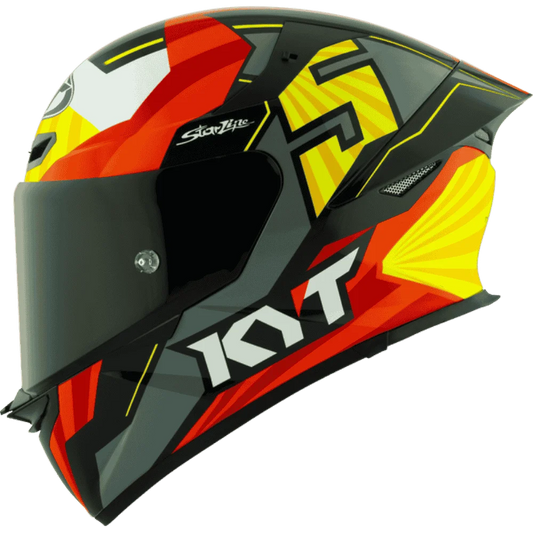 Motorcycle helmet full face grey red with yellow and white black based helmet KYT geometric graphic