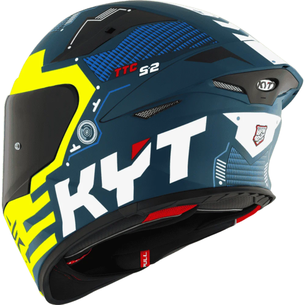 Motorcycle deep blue with neon green full face helmet KYT