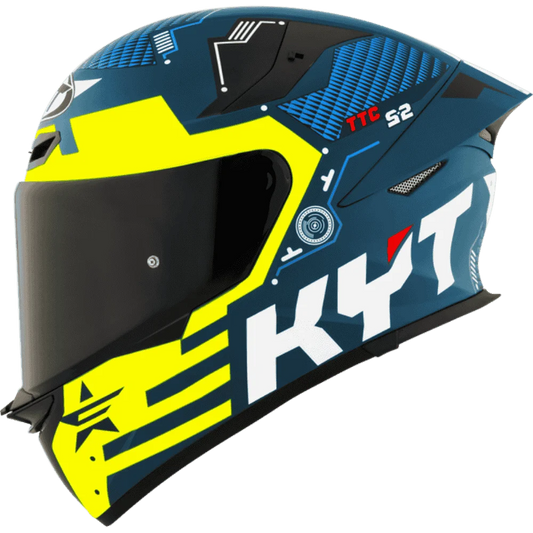 Motorcycle deep blue with neon green full face helmet KYT