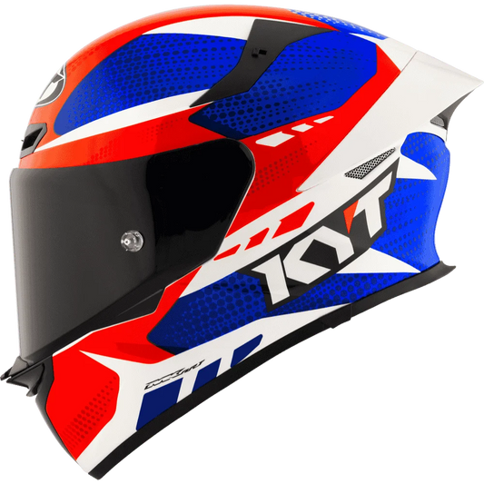Motorcycle helmet red blue with white geometric graphic KYT