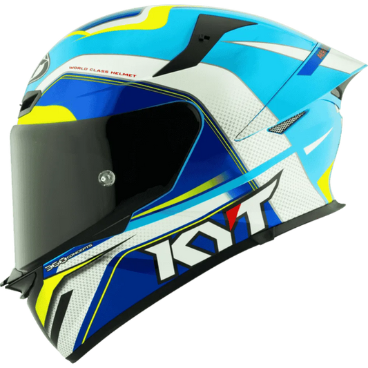 Motorcycle blue shades with white full face helmet KYT