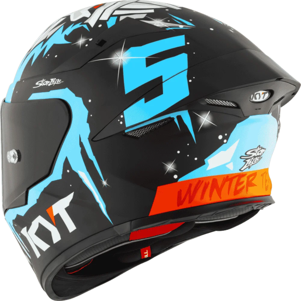 Motorcycle helmet masia Rep white face like graphic on top with blue KYT