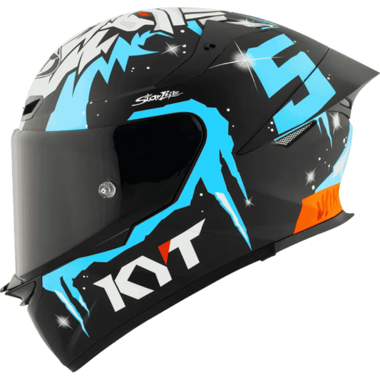 Motorcycle helmet masia Rep white face like graphic on top with blue KYT