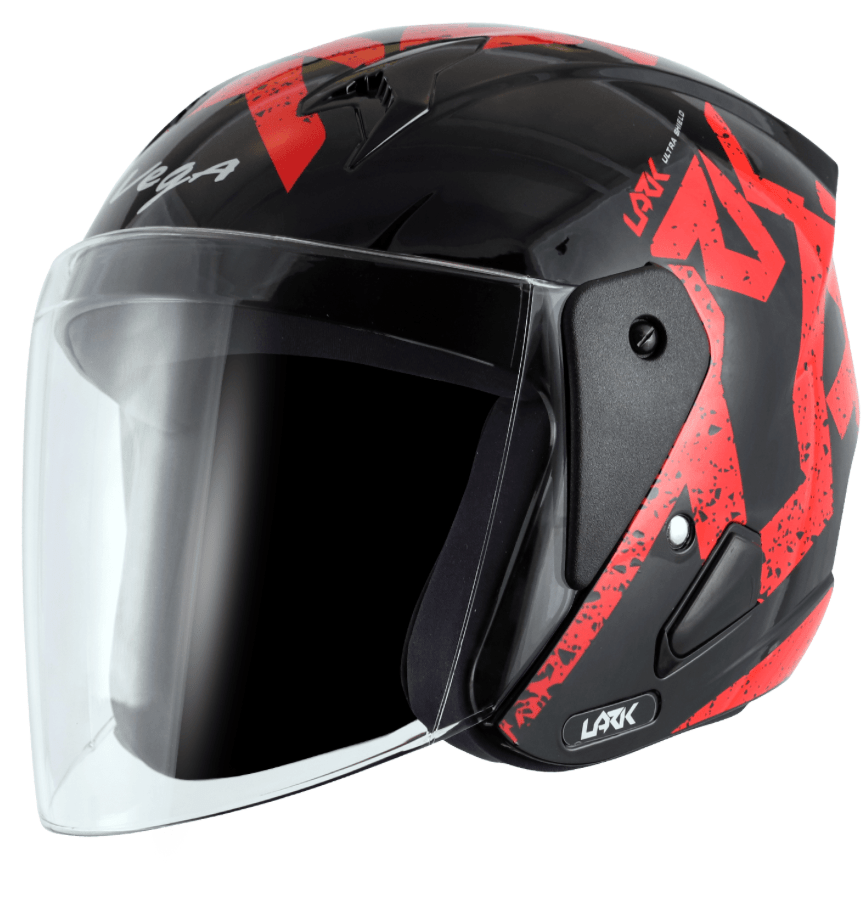 scooter/motorcycle open face helmet black with red text graphics