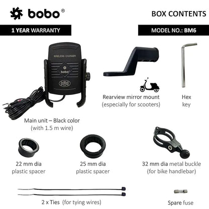 BOBO BM6 Jaw-Grip Waterproof Bike/Motorcycle/Scooter Mobile Phone Holder Mount with Fast 15W Wireless Charger, Ideal for Maps and GPS Navigation (Black)
