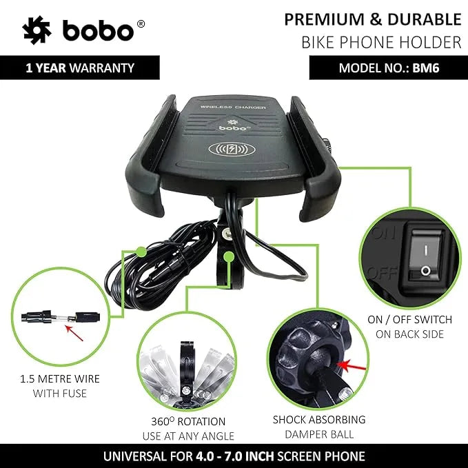 BOBO BM6 Jaw-Grip Waterproof Bike/Motorcycle/Scooter Mobile Phone Holder Mount with Fast 15W Wireless Charger, Ideal for Maps and GPS Navigation (Black)