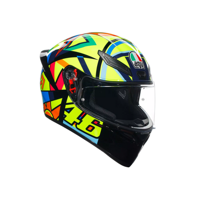 Motorcycle sports full face helmet green orange blue geometric graphic 