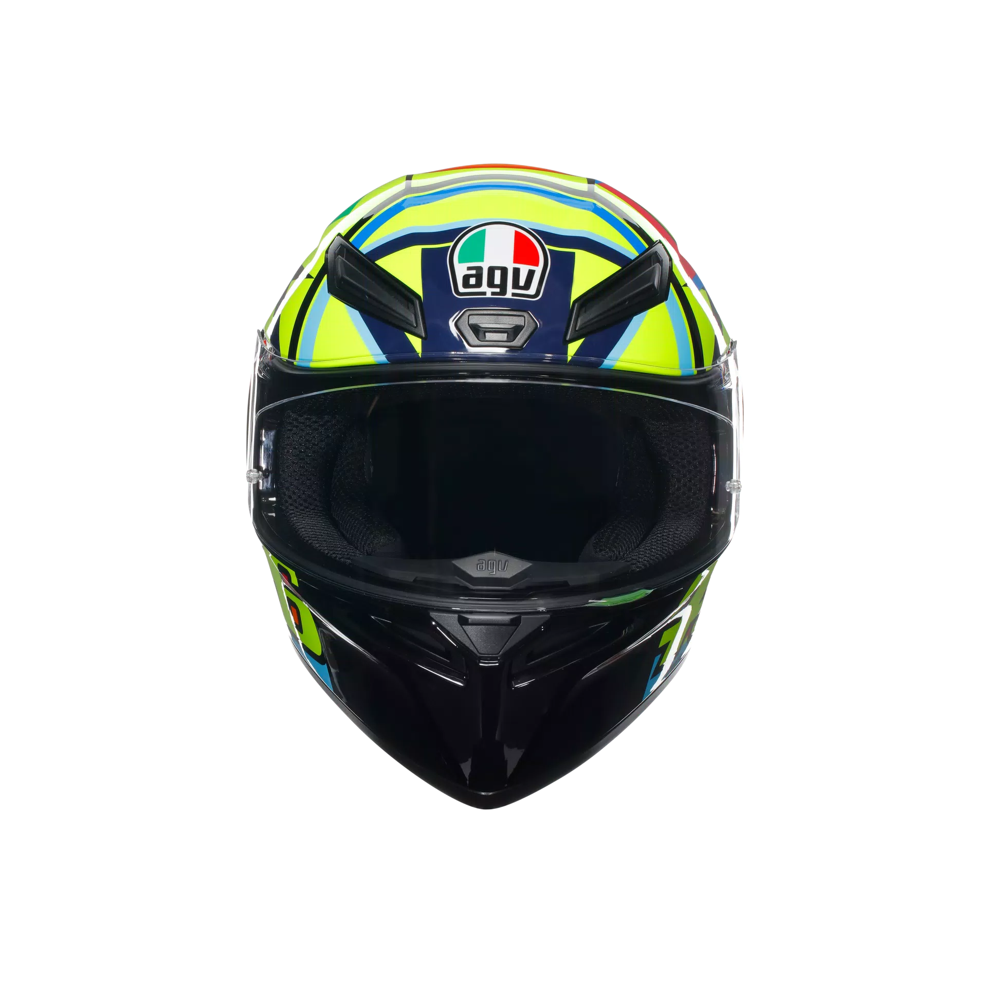 Motorcycle sports full face helmet green orange blue geometric graphic 