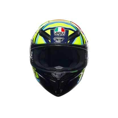 Motorcycle sports full face helmet green orange blue geometric graphic 