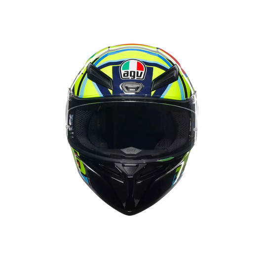 Motorcycle sports full face helmet green orange blue geometric graphic 