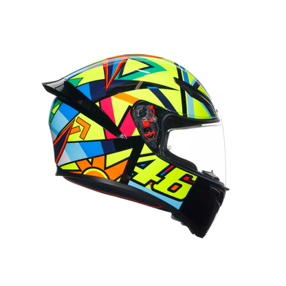 Motorcycle sports full face helmet green orange blue geometric graphic 