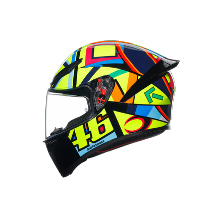 Motorcycle sports full face helmet green orange blue geometric graphic 