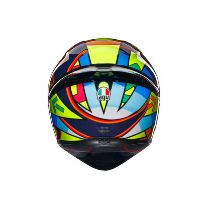 Motorcycle sports full face helmet green orange blue geometric graphic 