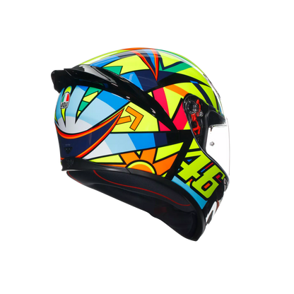 Motorcycle sports full face helmet green orange blue geometric graphic 