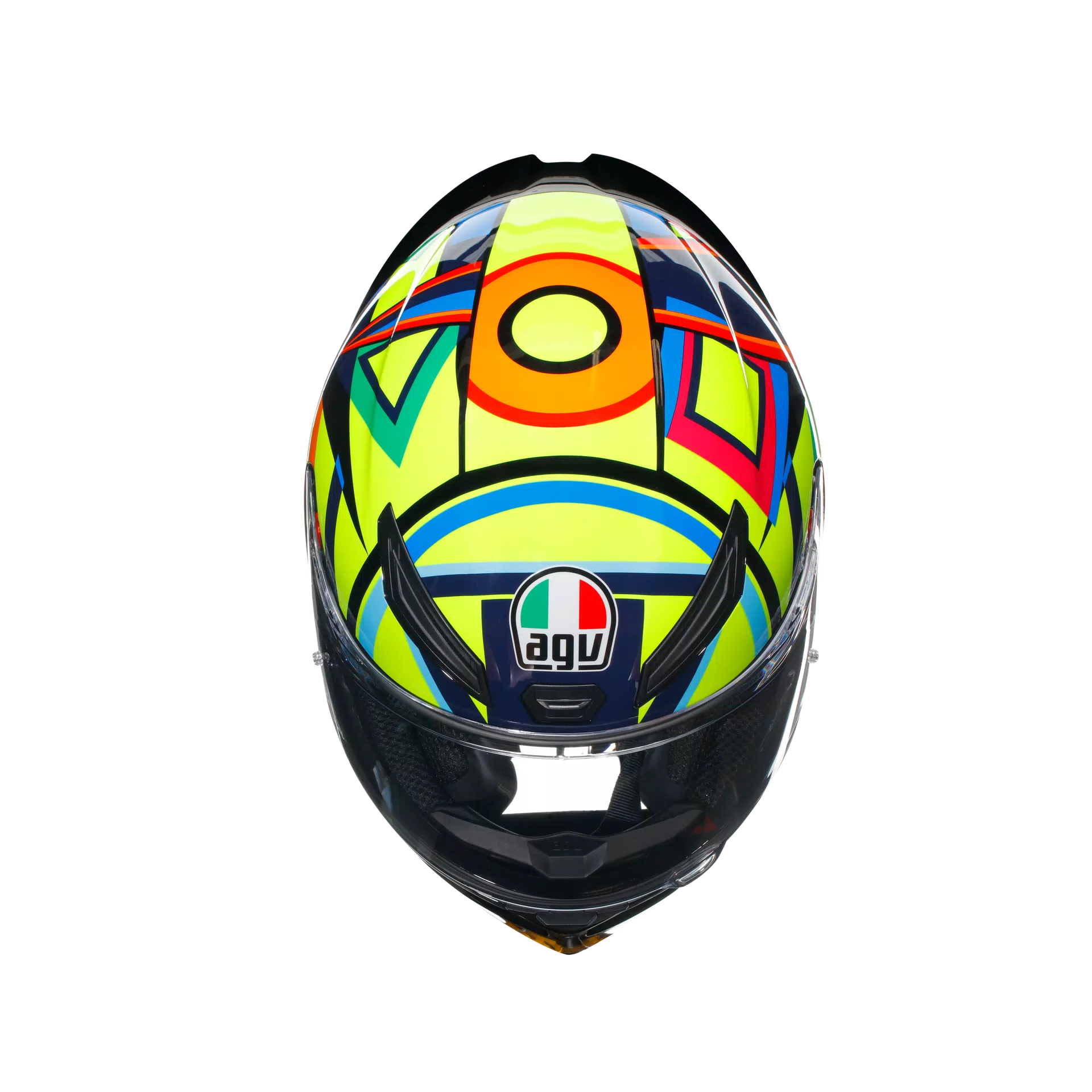 Motorcycle sports full face helmet green orange blue geometric graphic 