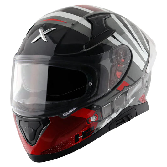 Motorcycle sports helmet grey, black and red geometric design axor