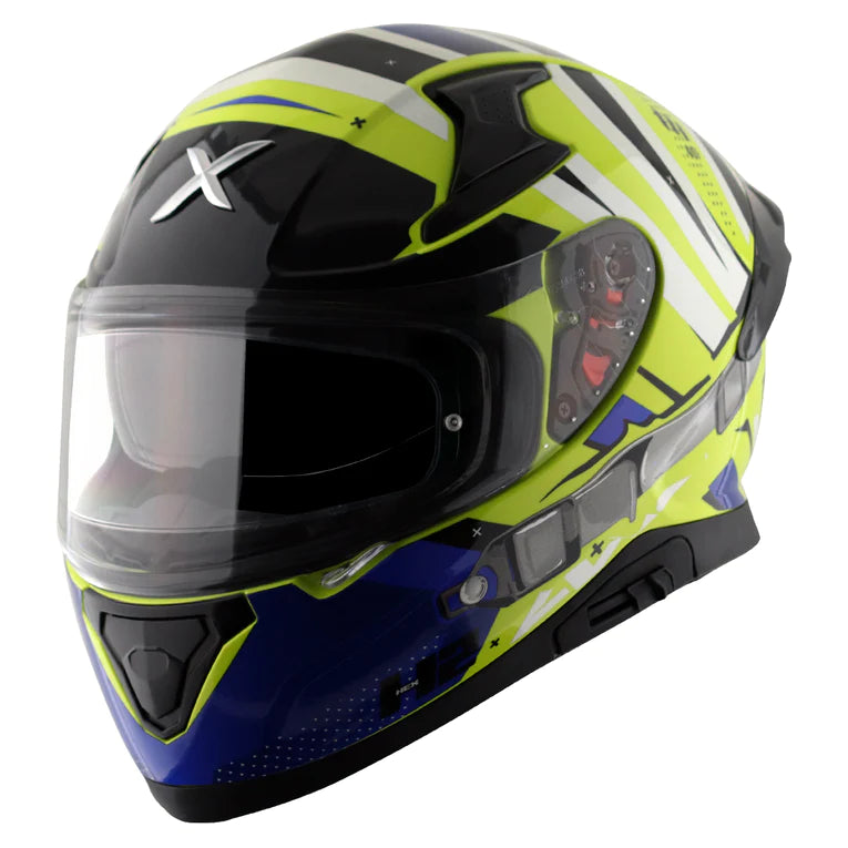 Motorcycle sports helmet neon green, black and blue geometric design axor