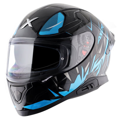 Motorcycle full face helmet black neon blue hunter graphics with pinlock and sun-visor
