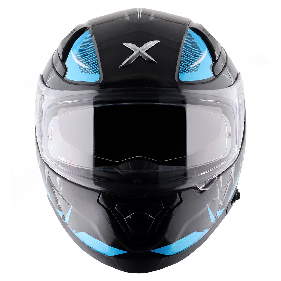 Motorcycle full face helmet black neon blue hunter graphics with pinlock and sun-visor